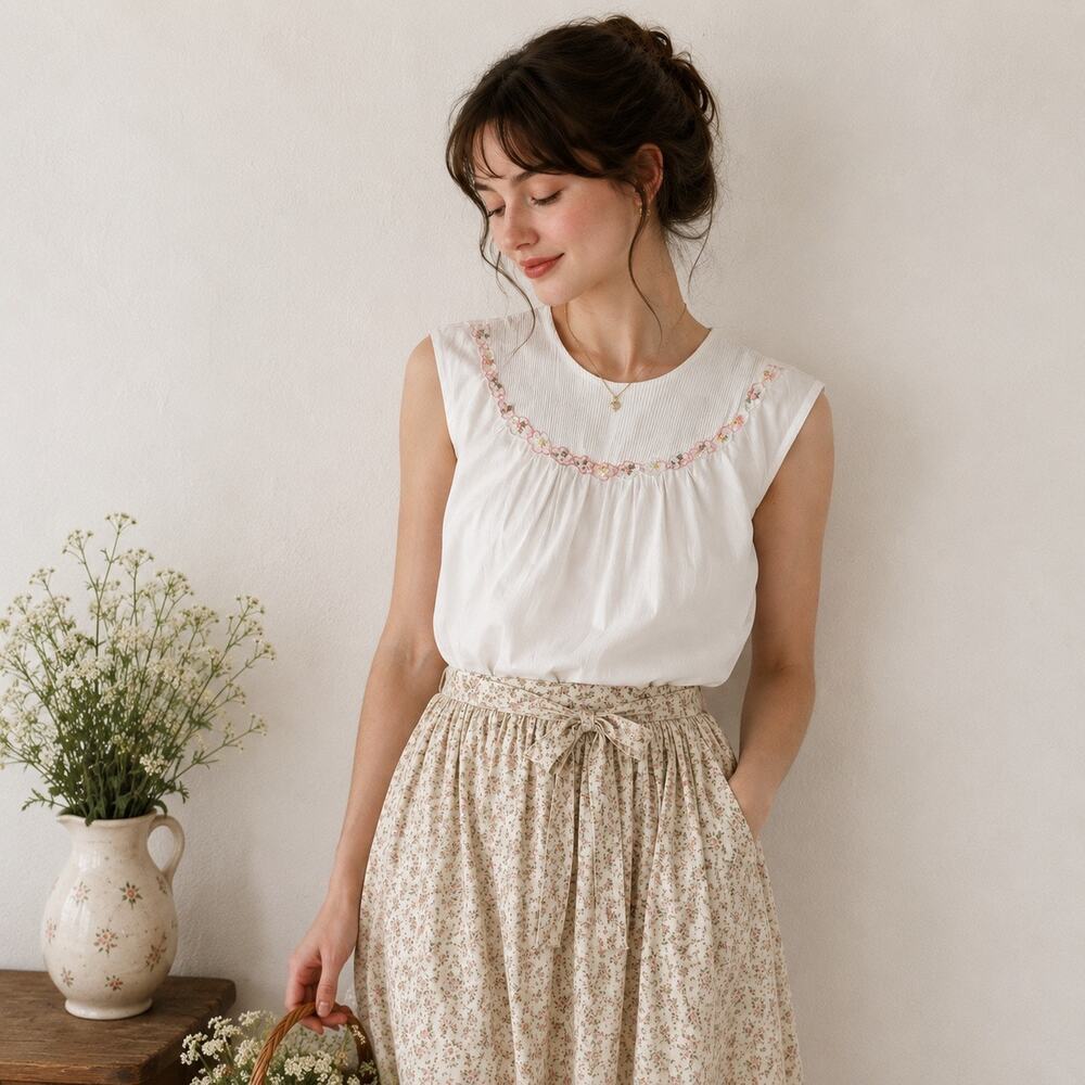 Vintage 1960s Women's White Bib Neck Sleeveless Blouse w/Pink Floral Trim Size L